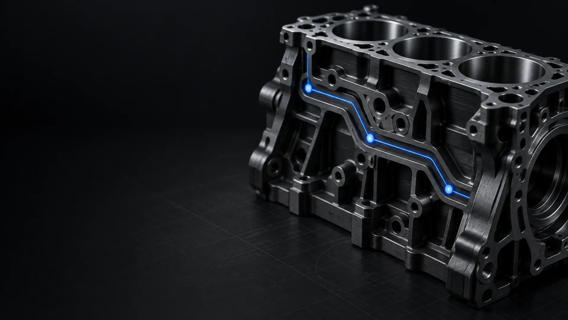 A precision-machined engine block with a single cobalt signal trace running through it.
